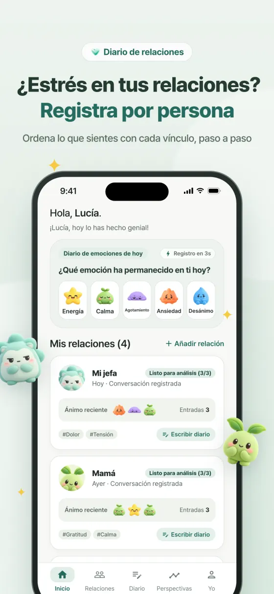 Inicio: tarjetas de relaciones y ánimo reciente